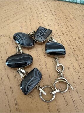 Striped Black Agate Stone Bracelet with Silver Links